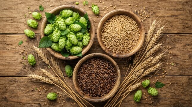 Three wooden bowls contain fresh green hops, brown barley grains, and reddish-brown lentils.