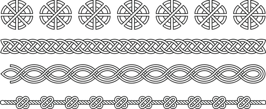 Traditional Celtic knot borders vector set isolated on white background with ancient braided geometric patterns and decorative line art ornaments.