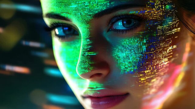 Cyberpunk Portrait of a Woman with Digital Glitch and Data Overlay