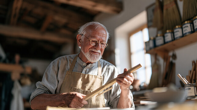 A senior broom maker in a modest home workshop calmly correcting the binding angle on a handle, a shelf of labeled material containers beside the workbench, the process in action
