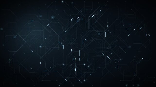 Abstract dark circuit board background with faint blue traces, nodes, and glowing pulses, for technology, computing, and engineering themes