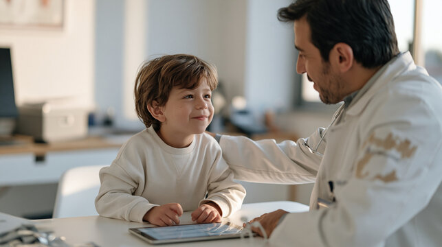 A child at midday squints up at an audiologist who stretches tired shoulders after a long morning standing, a faded clinic uniform patch visible on the sleeve, the health IT