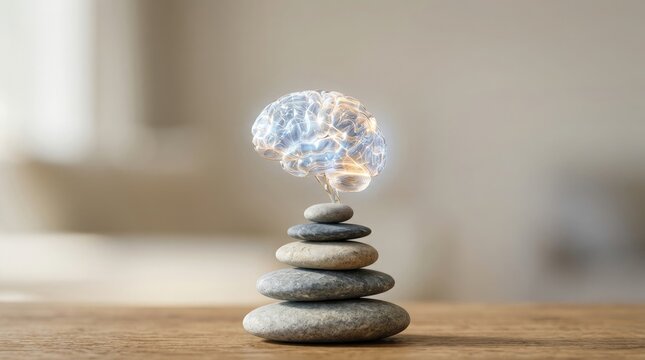 A conceptual image featuring a brain icon balanced on stacked stones for world mental health day awareness