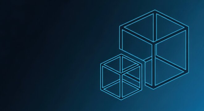 Abstract geometric cubes in neon blue outlines against a dark gradient background, representing technology and data.