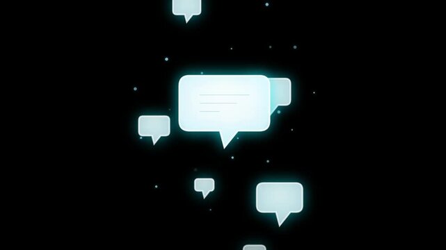 Glowing cyan speech bubbles and floating digital chat icons animation on dark background - 4K video