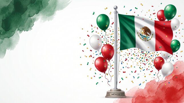 Mexican flag on silver flagpole with festive balloons and confetti. Mexico independence day celebration background with watercolor textures.