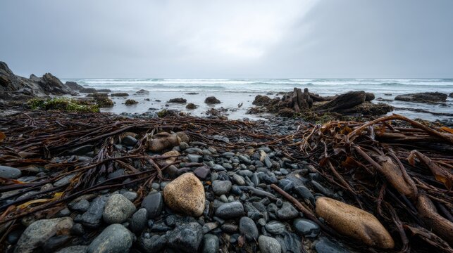 Hyperrealistic wide beach shot after storm with kelp and stones Canon EOS R5 24mm f8