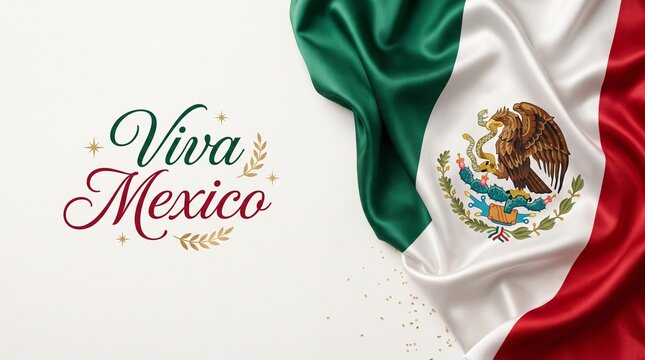 Viva Mexico greeting with Mexican flag, wavy satin fabric background, national independence day celebration banner