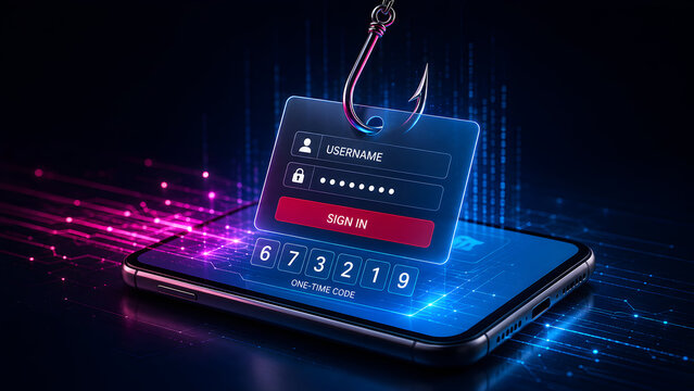 Cyber security phishing attack concept with metal hook catching digital smartphone login interface and one time password authentication
