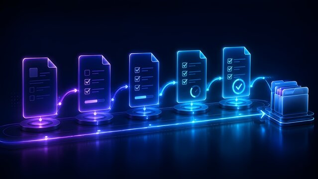 Futuristic 3D document workflow processing with glowing neon files moving on digital track toward archive folder for business automation concept