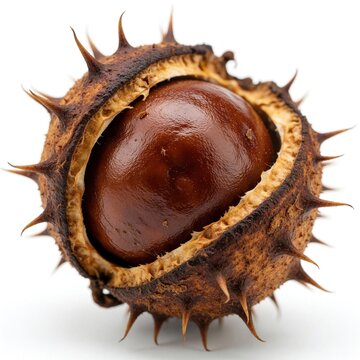 A single brown conker sits within its sharp spiky husk. Macro detail of this autumn seed shows its smooth surface and rough protective outer shell against a clean white background.