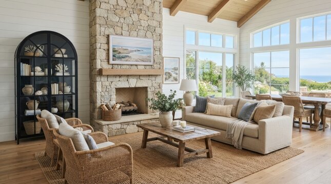 A bright and airy living room features a large stone fireplace as a focal point.