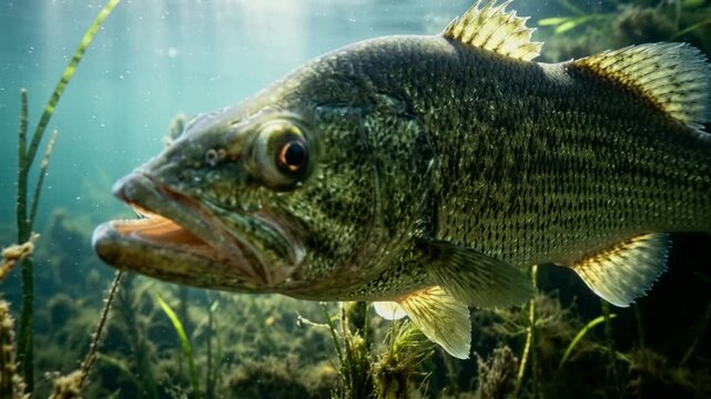 largemouth bass close up face underwater at morning light in florida usa freshwater lake video