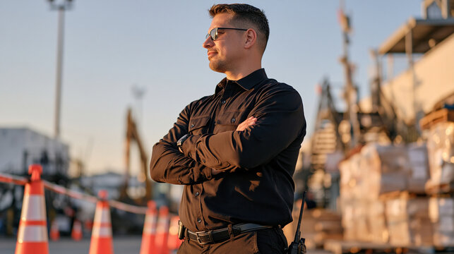 Bodyguard in professional attire stands alert at a loading dock perimeter during golden hour, single professional silhouetted against low sun, safety cones and cargo pallets framing the scene, vigil