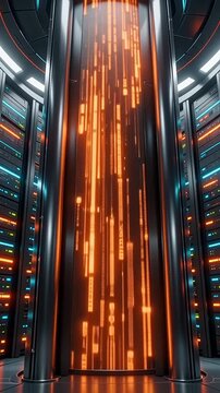 Futuristic Data Center Server Room with Glowing Orange Digital Information Stream Vertical Screen in Dark Environment