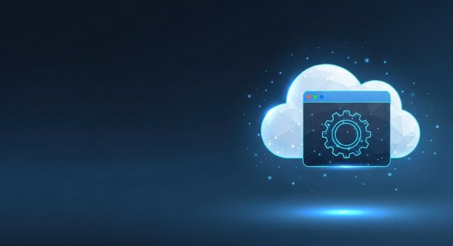 Digital cloud computing system with network gears and glowing data points