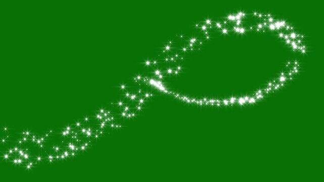 Glitter line transition animation, shimmering starlight trails, twinkling magic dust on green background, magical dust trail, white glitter sparkle line with floating star.4k loop animation