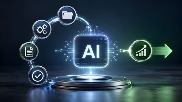 Futuristic artificial intelligence microchip processing digital documents and workflow data to generate business growth and upward trends
