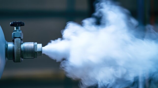 canister. Gas canister valve releasing forceful vapor burst, metallic industrial dynamic detail. safety posters, maintenance manuals, designed for industrial assembly lines and welding operations.