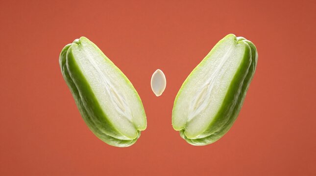 Halved chayote squash with floating seed on terracotta background
