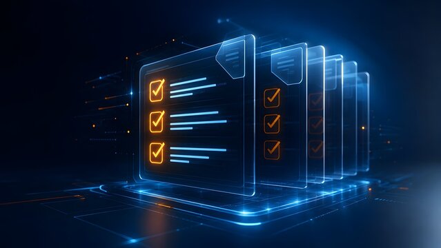 3D digital database concept showing glowing transparent document screens with orange checkmarks for electronic archiving and batch file processing