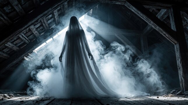 Spooky ghost woman in long white veil stands in dark haunted attic. Eerie silhouette appears through thick white smoke, mist. Dramatic light beams shine from roof hole. Mysterious spirit figure