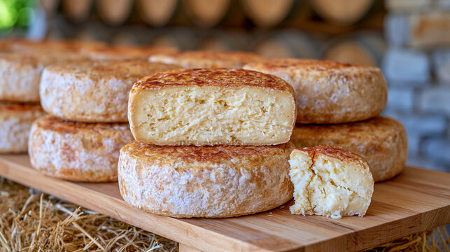Rows of aging cheese wheels in an empty stone cellar serve as symbolic still life representing medical supply emergency logistics parallels, a single cracked wheel removed from its shelf, straw scat