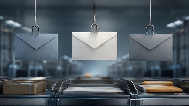 Automated postal sorting facility concept with large envelopes hanging from overhead conveyor track above moving packages on metal belts