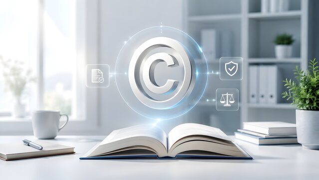 3D copyright symbol hovering over open book on office desk with digital icons for legal document protection and intellectual property rights