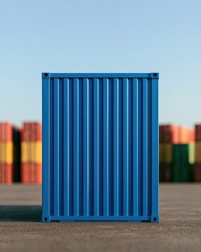 Blue corrugated cargo container standing in a yard with more stacked containers