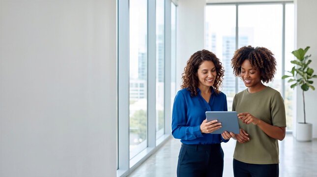 Two smiling businesswomen discussing work on a tablet in corporate office near large windows, copy space