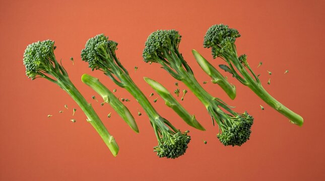 Broccolini stalks and sliced stems floating on terracotta background