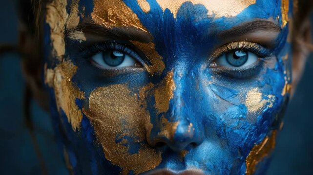 Close-up Portrait of a Face Covered in Textured Blue and Gold Paint