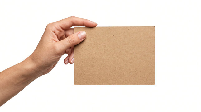 Photorealistic human hand holding a plain rectangular kraft-brown card from the upper edge, realistic fingers and skin texture, clean blank surface