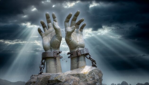 A monumental stone statue of hands breaking free from cuffs, dramatic sky with God rays piercing through dark clouds, 4K photography