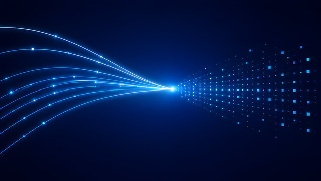 Blue digital data transmission concept with converging glowing fiber optic lines transforming into a structured matrix of particles