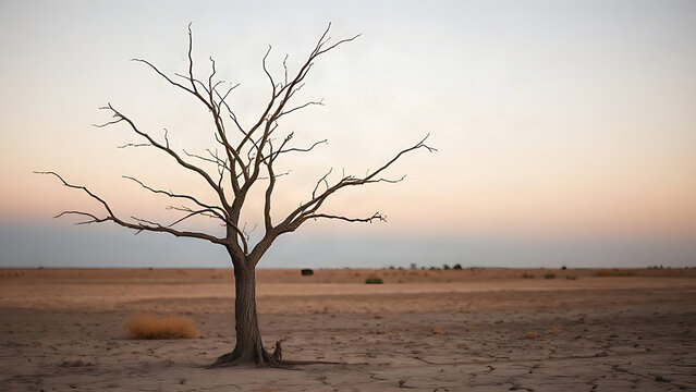 A solitary barren tree silhouette against cracked earth at dusk.