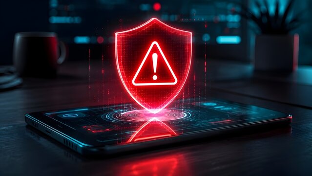 Glowing neon red security shield with warning alert symbol hovering over digital tablet screen on dark office desk for cybersecurity threat