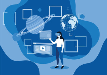 Woman wearing virtual reality headset exploring outer space with planets earth and saturn icons in futuristic digital interface simulation environment. © Risje Kfhe