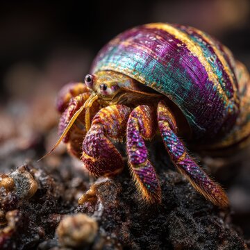 Closeup of hermit crab in colorful shell on rock