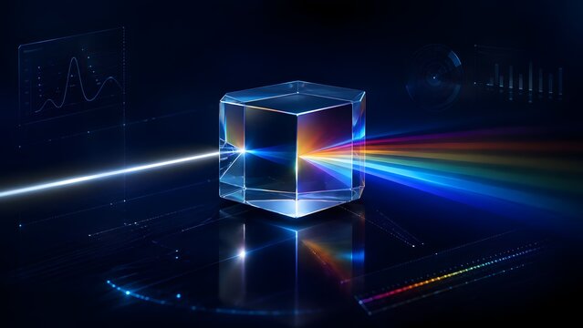 High tech glass cube refracting light into rainbow spectrum with futuristic digital holographic data interface overlay