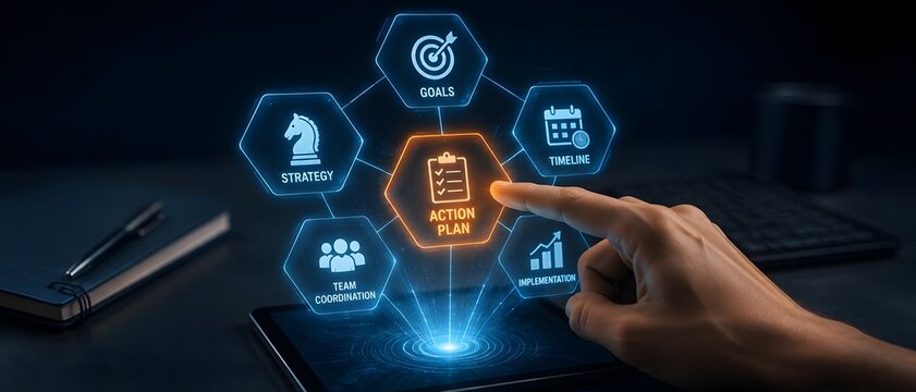Businessman touching glowing action plan digital interface on tablet with strategy goals and timeline icons for corporate project management