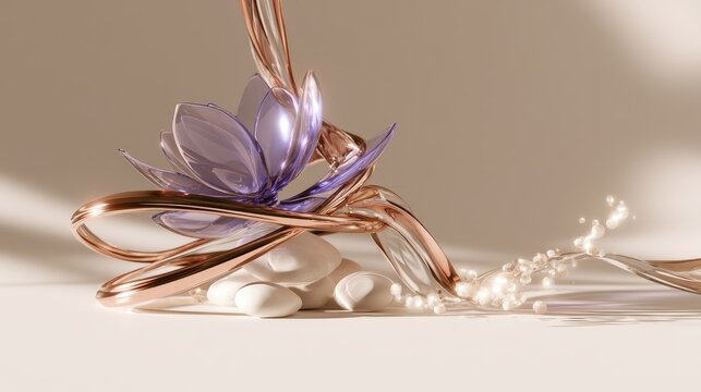 A delicate purple glass flower entwined with gold ribbons over smooth white rocks