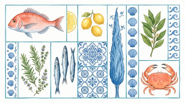 Mediterranean watercolor tile set with seafood and lemons. Hand-painted ceramic tiles featuring red snapper, crab, and sardines. Blue azulejo patterns with cypress tree and herbs for kitchen