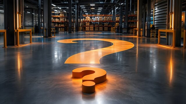 Glowing orange question mark symbol on shiny floor of modern industrial warehouse representing supply chain uncertainty and logistics problem