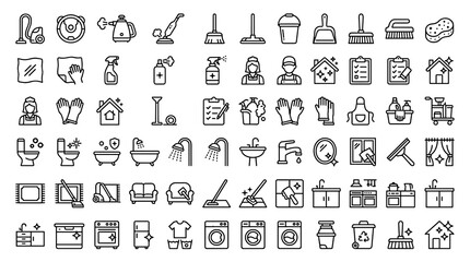 House Cleaning and Home Care Editable Line Icon Set with Vacuum Cleaner, Steam Cleaning, Maid Service, Bathroom Sanitizing, Carpet Care, Mopping, and Window Washing © Liton