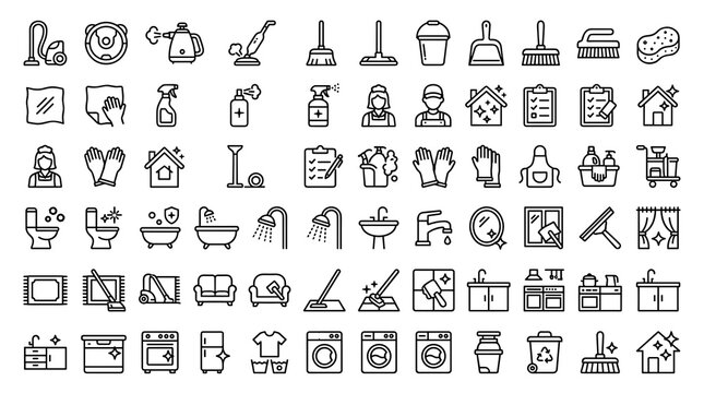 House Cleaning and Home Care Editable Line Icon Set with Vacuum Cleaner, Steam Cleaning, Maid Service, Bathroom Sanitizing, Carpet Care, Mopping, and Window Washing