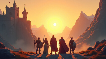 Fototapeta premium Fantasy Adventurers Facing Castle at Sunrise