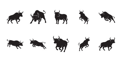 Obraz premium Nublang cattle silhouette poses. Collection of indigenous Bhutanese Nublang cattle silhouettes showing different standing and moving poses, isolated on a clean white background.