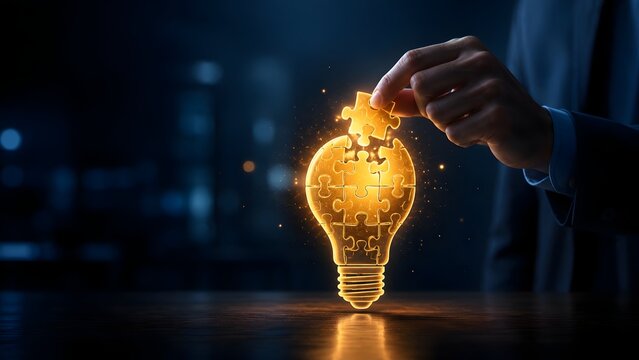 Hand placing final puzzle piece into glowing golden light bulb shape representing bright idea and creative business solution